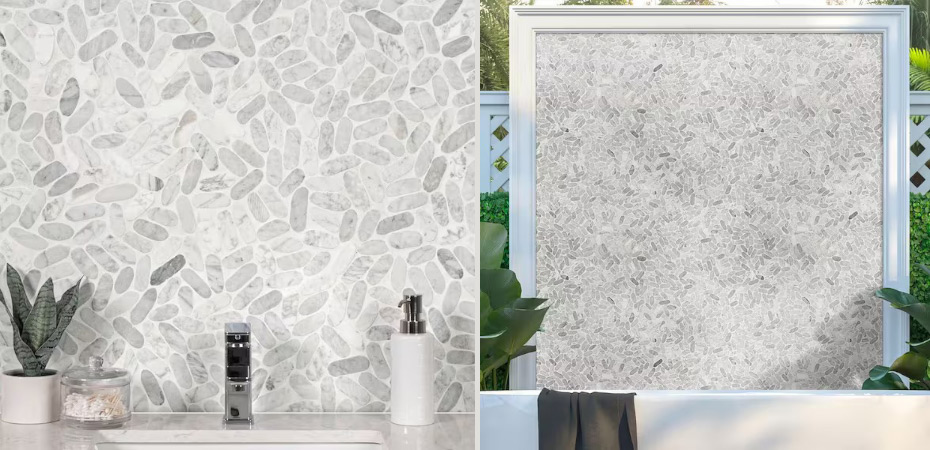 Carrara White pebble tumbled marble mosaic projects