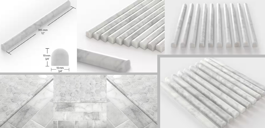 Carrara White honed marble fluted tile pencil trim