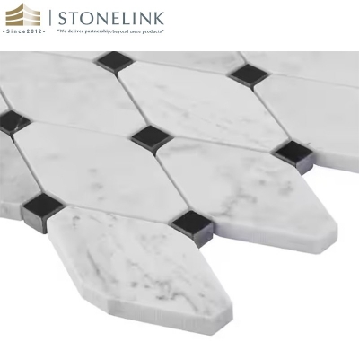 White Carrara and Black Marquina polished marble mosaic