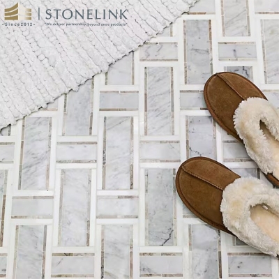 White Carrara and Thasos Gray interlocking marble mosaic